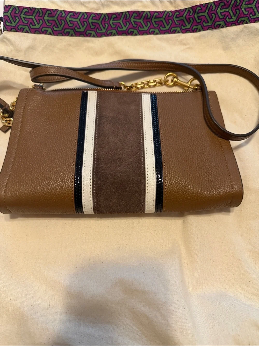Tory Burch Brown Leather Crossbody Bag with Suede Striped Detail